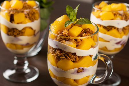 Mango yogurt parfait with granola on top in glass mugsの素材