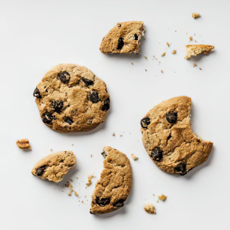 a group of broken chocolate chip cookies scattered on a plain white background with crumbs and pieces of cookies around them
