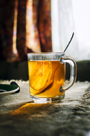 Tea with lemon in a glassの写真素材