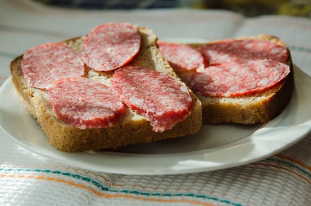 sandwiches of black bread with smoked sausage lies on a plateの写真素材