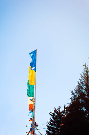 multicolored flags against the blue sky