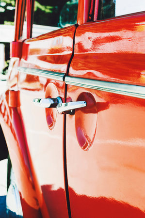 Red retro car, Close-up, selective focus.の写真素材
