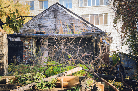 interior of burned-down wooden houseの写真素材