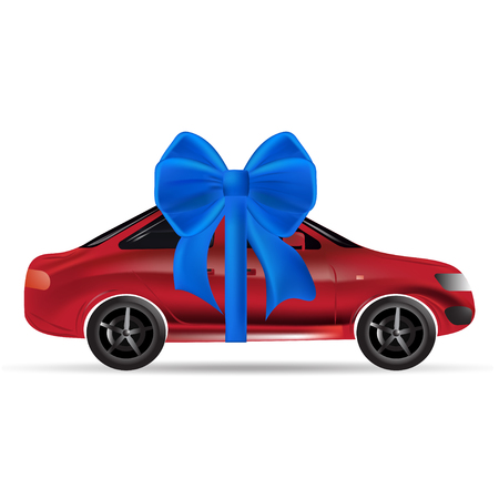 Red car with a festive bow. Gifts and promotions for Christmas.のイラスト素材