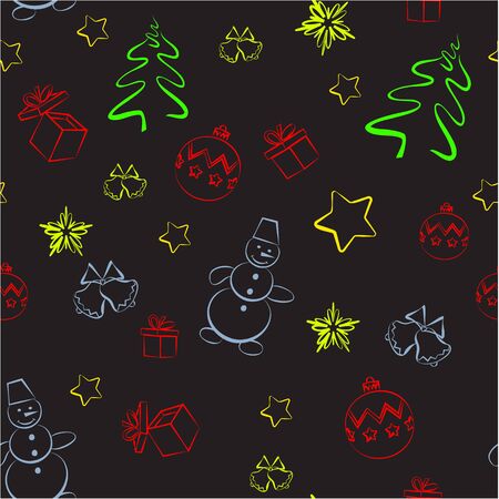 Christmas decorations doodle seamless vector pattern on a black background . Perfect for wallpaper, wrapping paper, pattern fills, winter greetings, web page background.のイラスト素材