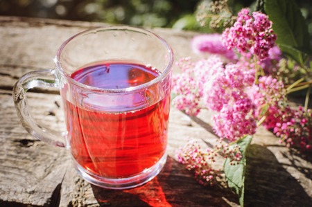 A glass beaker with cold berry tea stands on an old wooden surface in the garden.の写真素材