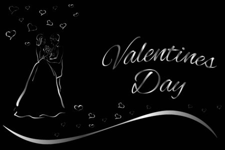 Beautiful greeting card for Valentine's day. Silhouette of a couple in love. The inscription "Valentines Day" on a black background.の写真素材