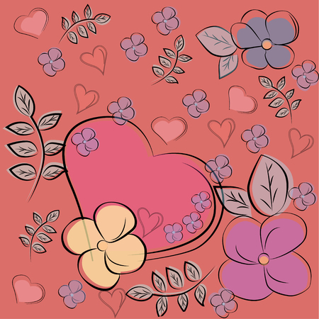 Heart and flowers on a pink background, card for the day of St. Valentine. Vector illustration.のイラスト素材