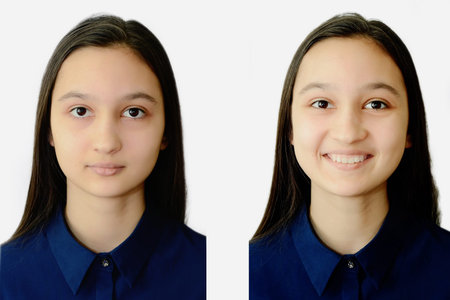 Photo of a teenage girl face on a white background on documents. Collage for comparison.