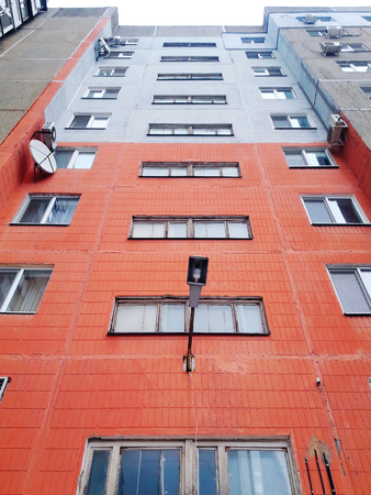 Classic panel apartment building, Russia. Mobile photo, vertical frame.のeditorial素材