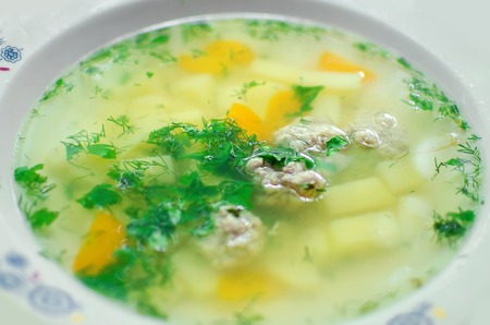 Homemade potato soup with greens. Healthy food.の写真素材