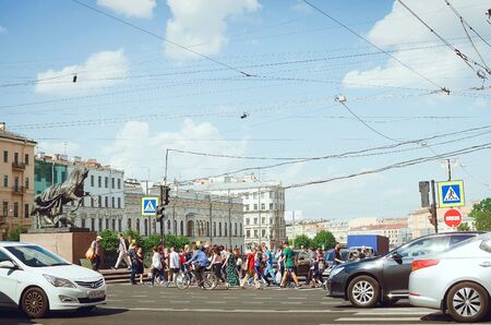 Saint Petersburg, RUSSIA - July 13, 2018: Cars and pedestrians on the streets of St. Petersburg.のeditorial素材