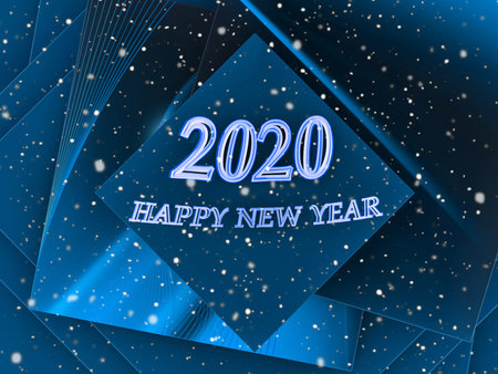 Lettering Happy New Year 2020 and white snowflakes on blue background, holiday greeting, 3d...