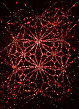 Beautiful vertical background for a design with shiny snowflakes, spots, sparkles. Red shiny pattern on a black backdrop.の写真素材
