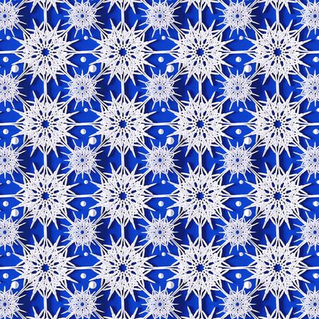 White volumetric snowflakes on a blue background. Beautiful Christmas backdrop. 3d illustration.の写真素材