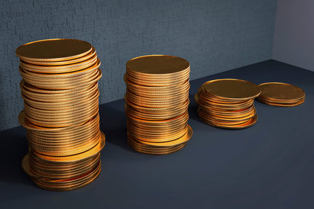 Columns of golden coins. Coin stacks on a dark background. The concept of the economic crisis. 3D...
