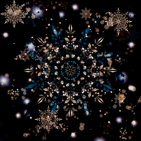 Bright multi-colored snowflake on a black background. Beautiful new year postcard.