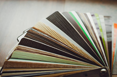 Catalog of PVC plastic Samples for Furniture. color palette and texture for furniture.の写真素材