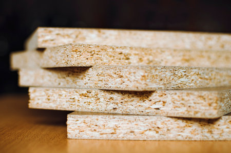 Wood timber construction material Stock in warehouse, Samples of laminateの写真素材