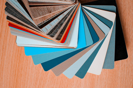 multicolored PVC Polymer Vinyl sample for customers, Close-up, selective focus.