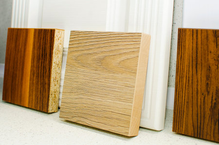 Sample of wood chipboard. Showcase for display in a hardware store or furniture showroom.