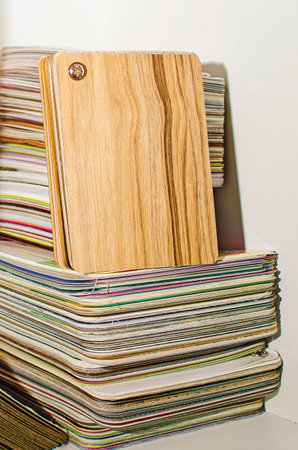 samples of material, wood, pvc cladding film. Interior design select material for idea.