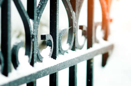 Image of a Beautiful decorative cast iron wrought iron fence with artistic forging. The metal fence is close.の写真素材