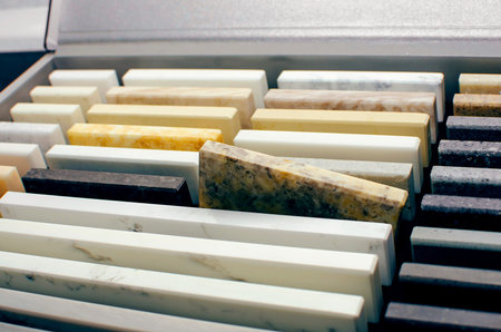 Multi-colored artificial stone for countertops.