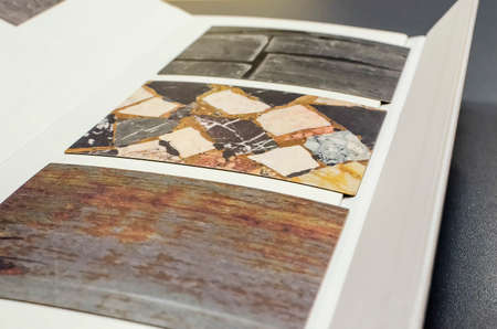 Catalog of samples of kitchen worktops made of chipboard. Close-up.の写真素材