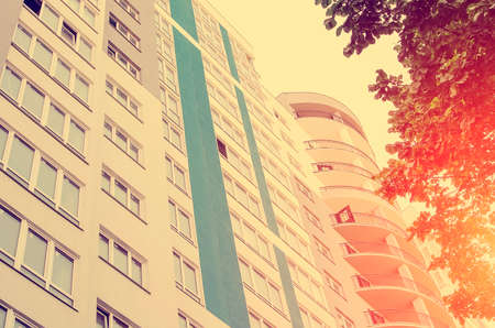 Fragment of a multi-storey residential building, Russia. Tinted photograph.の写真素材