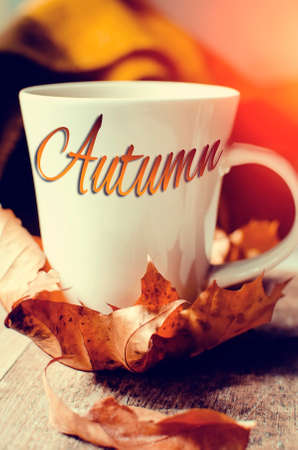 The inscription Autumn on a cup with hot tea. Beautiful autumn background.の写真素材