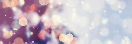 Panoramic Blurred background of decorated Christmas tree. Space for text, copy-space.の写真素材