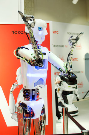 Saratov, Russia- April 22, 2021: Exhibition of robots in Saratov from the MTS company. Dancing robot.のeditorial素材