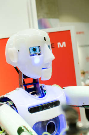 Saratov, Russia- April 22, 2021: Exhibition of robots in Saratov from the MTS company. Robot head close-up.のeditorial素材