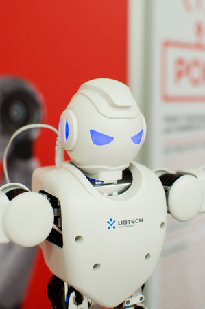 Saratov, Russia- April 22, 2021: Exhibition of robots in Saratov from the MTS company. White robot,...