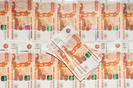 Many five thousandth notes. Russian rubles, Close-up. View from above.