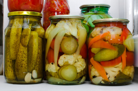 Preserves vegetables in glass jars.Various canned vegetables. home canning.