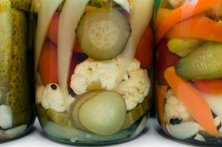home canned Preserved food in glass jars, close-upの写真素材