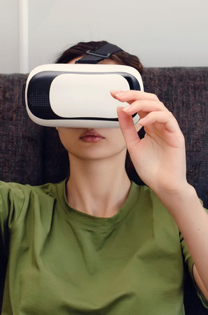 happy woman getting experience using VR-headset glasses of virtual reality at home. vertical...