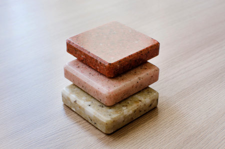 Artificial stone, decorative stone in samples. Concept, layout, finishing material