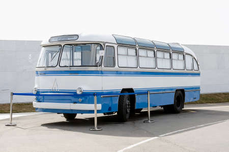 Saratov, Russia- April 11, 2022: A vintage bus on display at the Space Explorers Park in Saratov, Russia.のeditorial素材