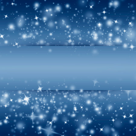 Winter snowfall on blue background. Cold winter Christmas and New Year background. Place for text, copyspace.の写真素材
