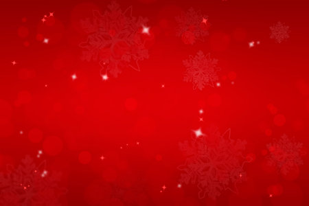 Red merry christmas background with bokeh and snowflakes. Place for text, copyspace.の写真素材