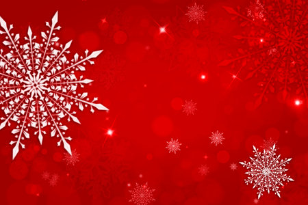 Subtle flying snow flakes and stars on red night background. Beauteous winter silver snowflake overlay template. Christmas background for design, web.の写真素材