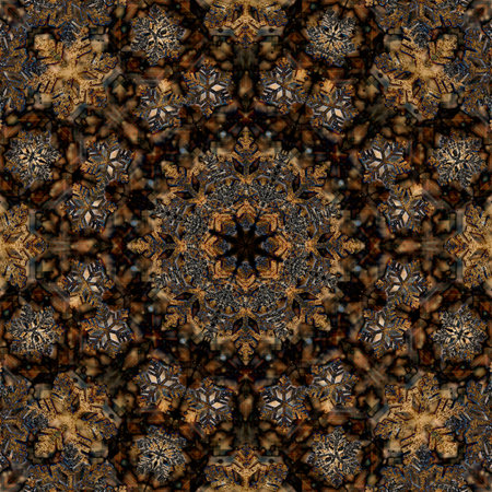 Seamless pattern of mandala on a brown background. Oriental ornament. Template for carpet, shawl, wallpaper, embroidery.の写真素材
