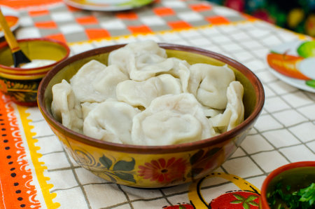 Hot meat dumplings with fresh sour cream. Homemade healthy kid's food.の写真素材