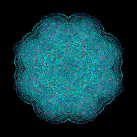 Beautiful symmetrical pattern, blue abstract flower on a black background.の写真素材
