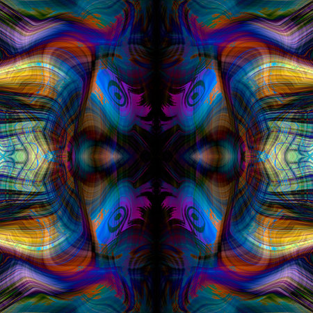 Abstract futuristic dark neon blue background. Rays and lines, symmetrical reflection and dark space.の写真素材