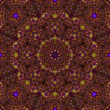 Decorative pattern with symmetrical shapes and abstract flowers. Floral tiled texture in retro style. Repetitive seamless mosaic backgroundの写真素材