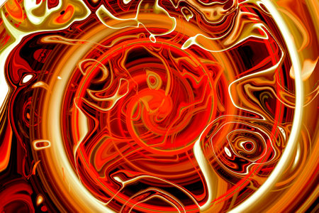 red-orange Glowing Spiral Fractal Background Image, Illustration - Vortex repeating spiral patterns, Symmetrical repeating geometric patterns. Abstract design.の写真素材